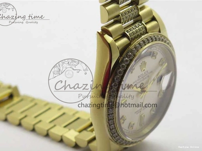 0212 DailyWear Day-Date 36mm 128235 YG Crystal BP Best Edition Silver Crystal Marker Dial on YG President Bracelet A 2676